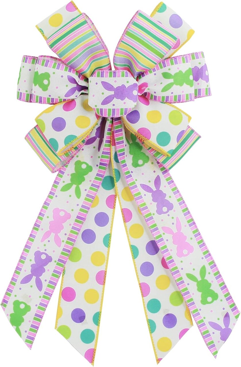 Large Easter Wreath Bows White Purple Bunnies Dots Spring Wreath Bows 11.4”x19.6” Easter Rabbits Pattern Ribbons Burlap Ornaments for Front Door Wrapped Garland Wedding Party Home Decor